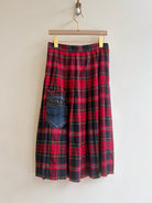 Red Plaid Midi Length Skirt w/ Denim Patch Pocket (Reworked) - Made X Hudson