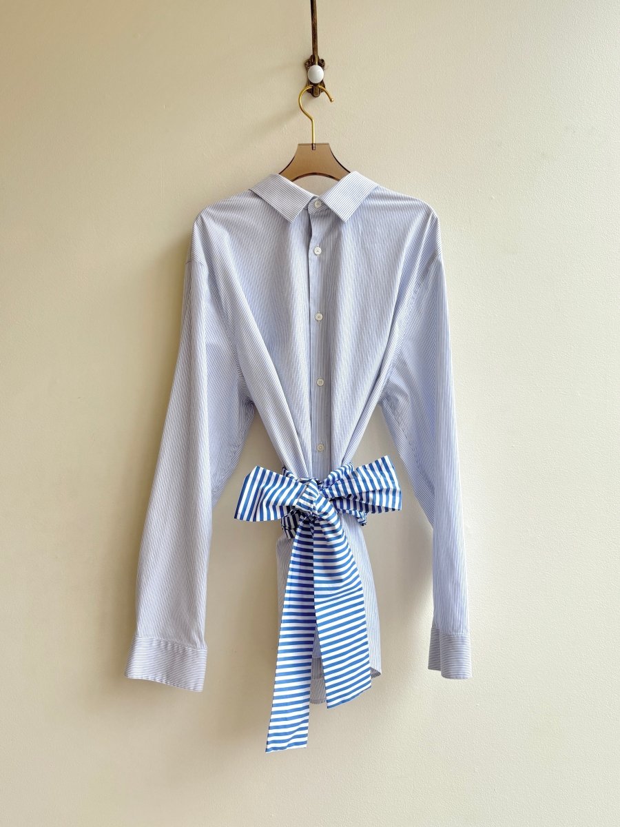The Patrick Top | Blue Mini Stripe Shirt w/ Wide Stripe Belting (Reworked) - Made X Hudson