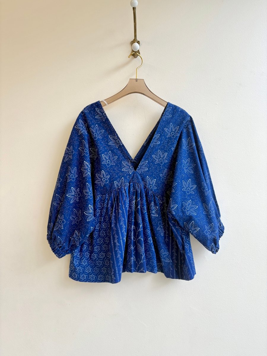 Zero Waste Blue Cotton Ruffle Top w/ Handstamped Floral Motif - Made X Hudson