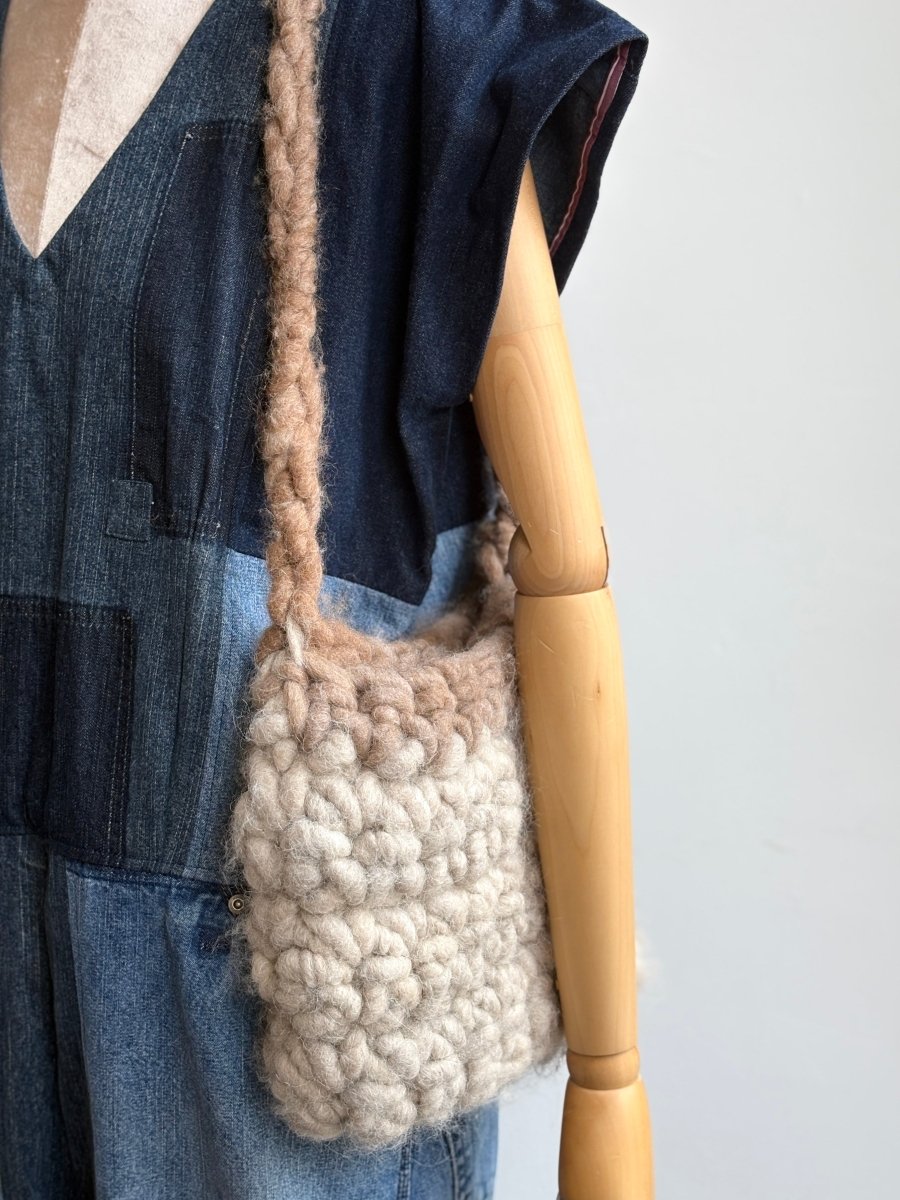 Cream and Brown Wool Fiber Handmade Crochet Bag - Made X Hudson