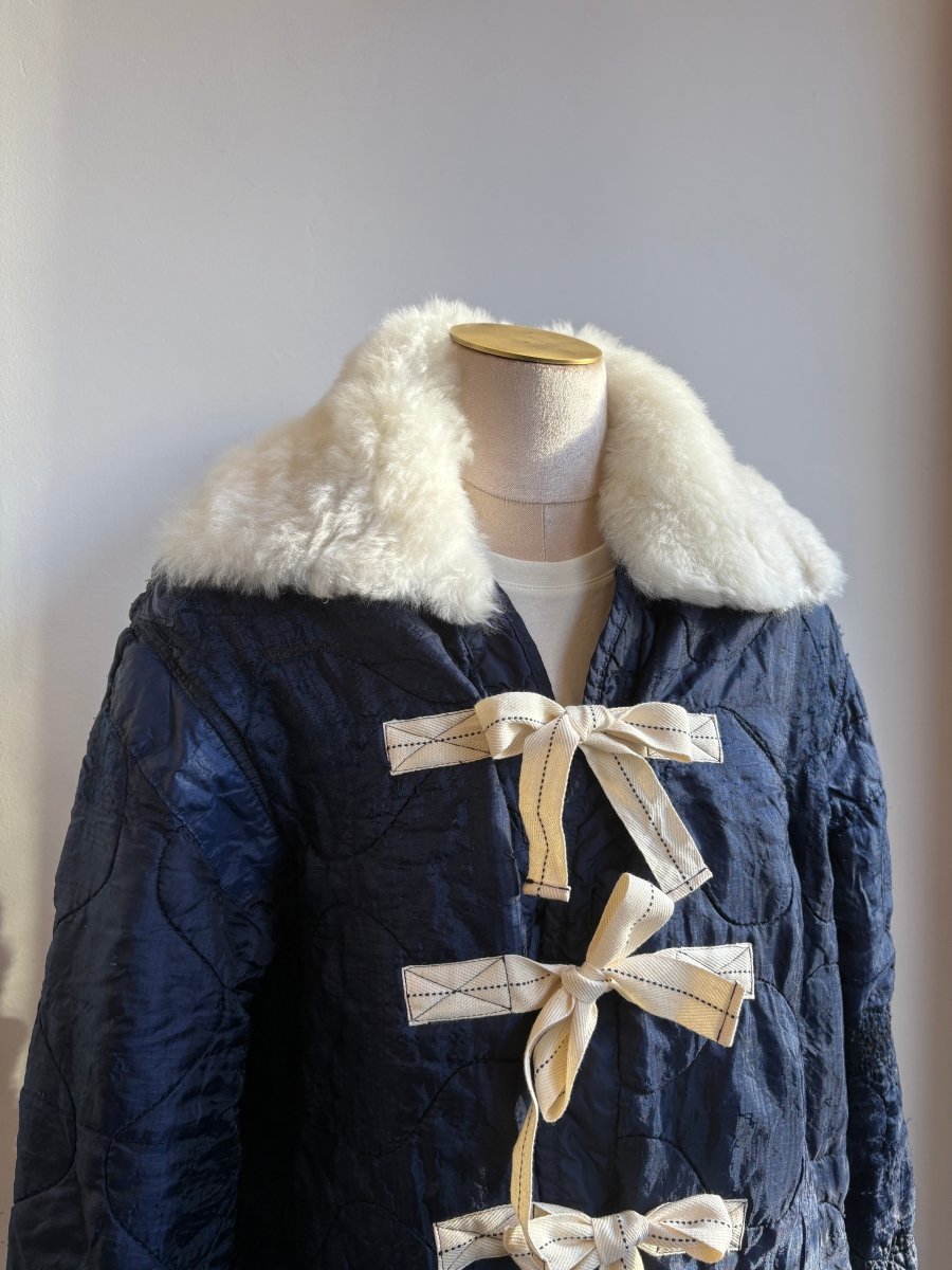 Navy Army Liner Quilted Coat w/ White Alpaca Fur Collar & Twill Tape Ties (Reworked) - Made X Hudson