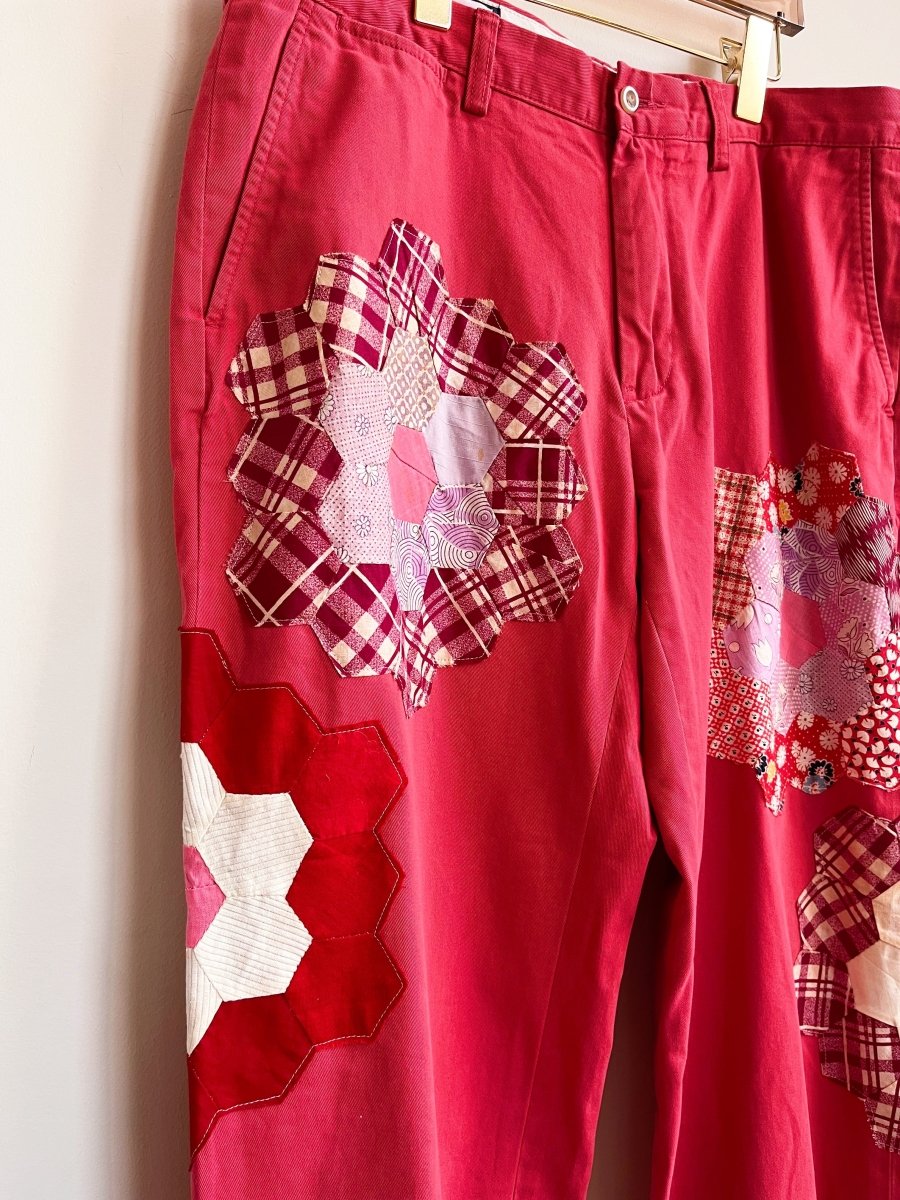 Grandmother’s Garden Quilt Block Applique Red Chinos (Reworked) - Made X Hudson