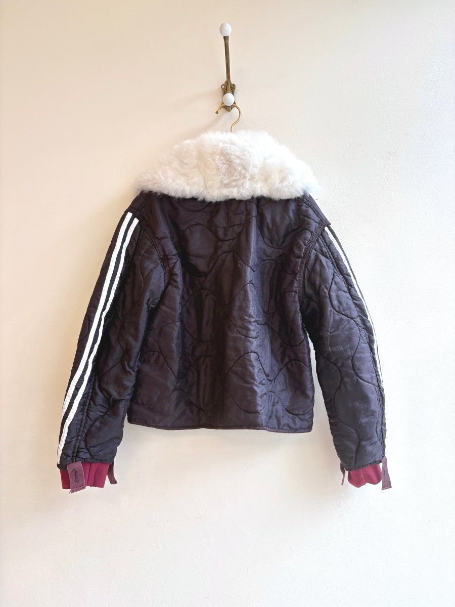 Coco Army Liner Quilted Coat w/ White Alpaca Fur Collar, Red Buttons, & White Stripe (Reworked) - Made X Hudson