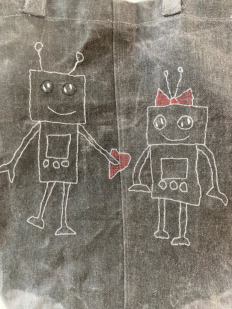 Gray Cotton Tote Bag w/ Embroidered Robots - Made X Hudson