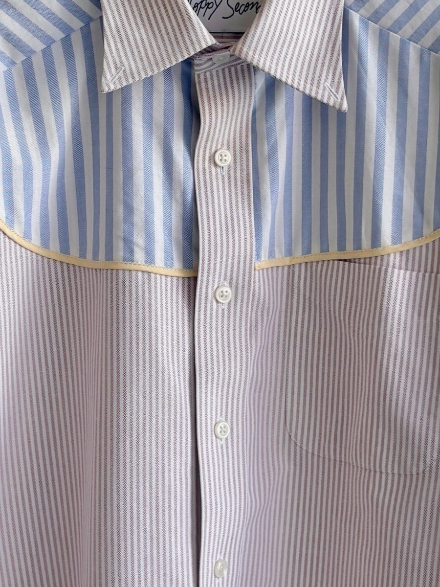 Austin Top | Red Pinstripe Button Down Top w/ Blue Pinstripe Shoulder Accent (Reworked) - Made X Hudson