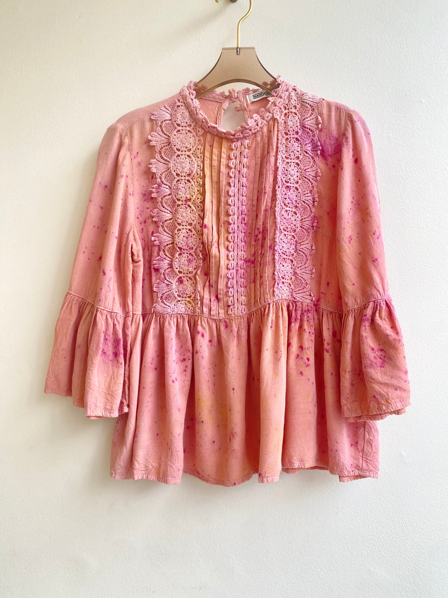 Pink & Orange Long Sleeved Plant Dyed Lace Blouse (Reworked)