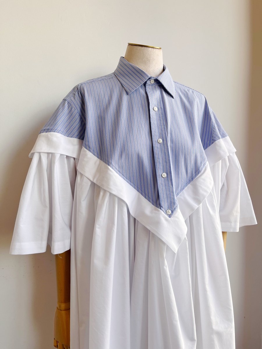 Flutter Sleeve Shirtwaist Dress in Blue, Black & White Stripe & White (Reworked) - Made X Hudson