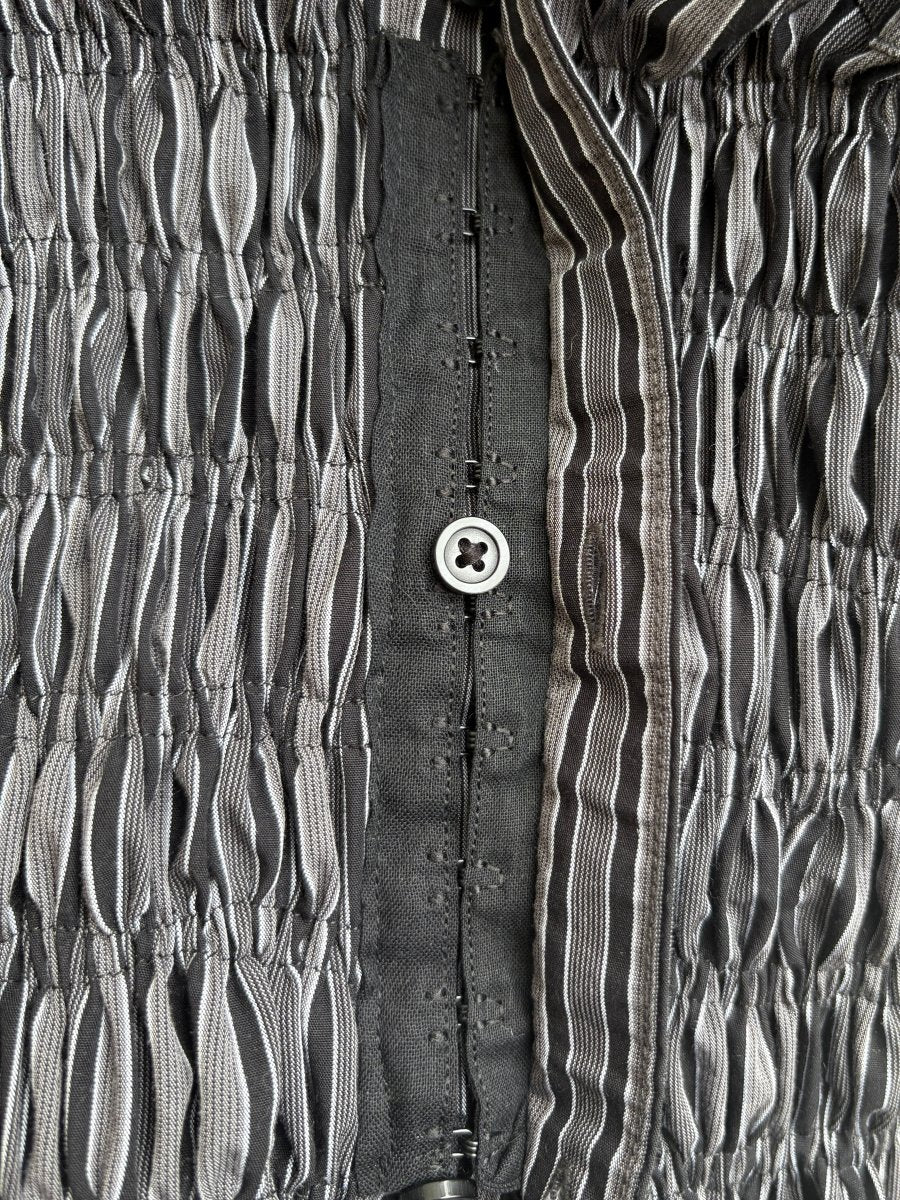 The George Top | Black and Grey Striped Button Down Top w/ Smocked Waist (Reworked) - Made X Hudson