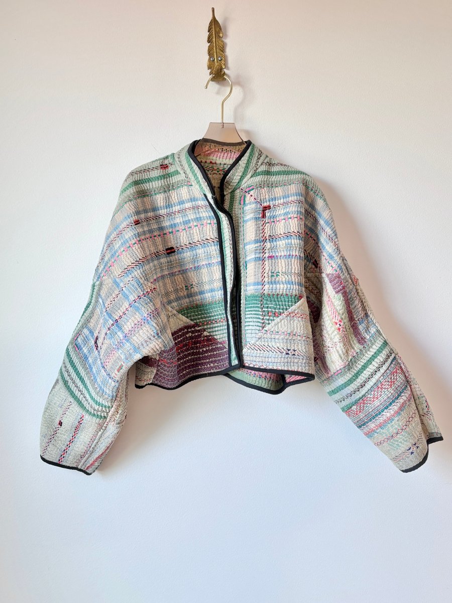 Reversible Kaira Quilted Cropped Jacket in Colors Neon Pink, Sage, Yellow, Mauve & Blue, Sage, Purple - Made X Hudson