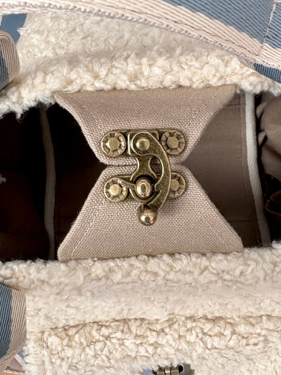 Mini Cross - Body Duffel Bag in Khaki and Faux Sherpa w/ Sky Blue Webbing - Made X Hudson