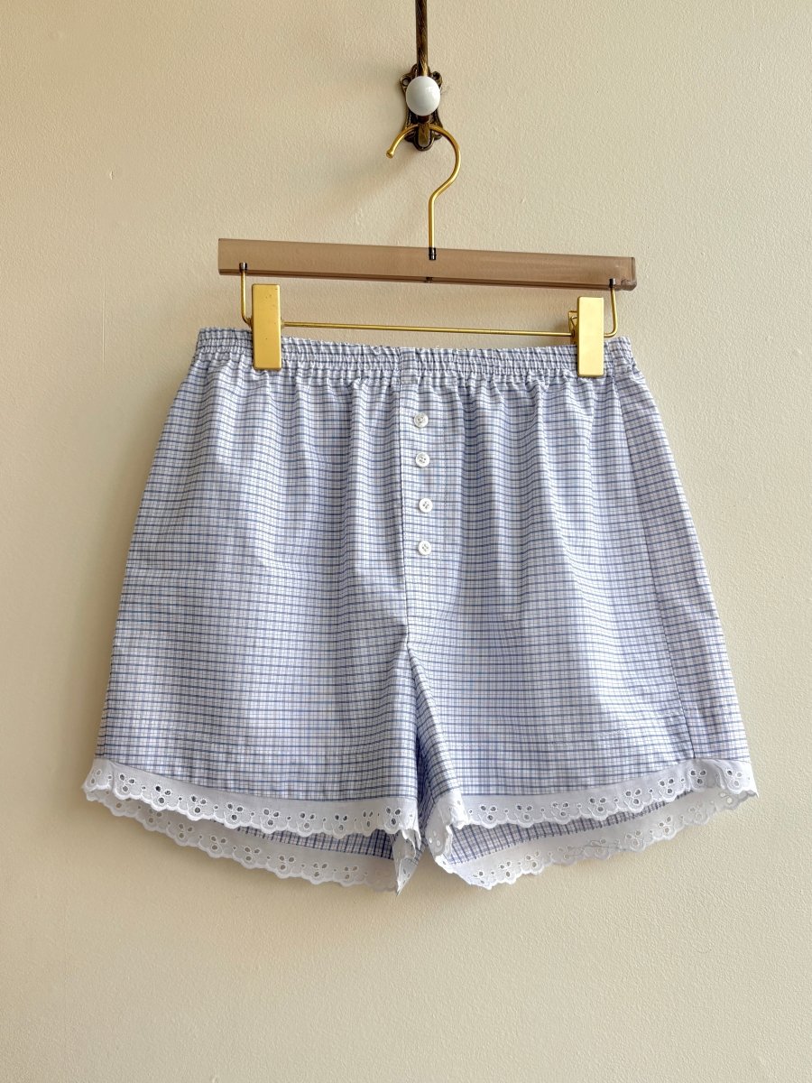 Blue, White, & Red Mini - Plaid w/ Eyelet Trim Boxer Shorts (Reworked) - Made X Hudson