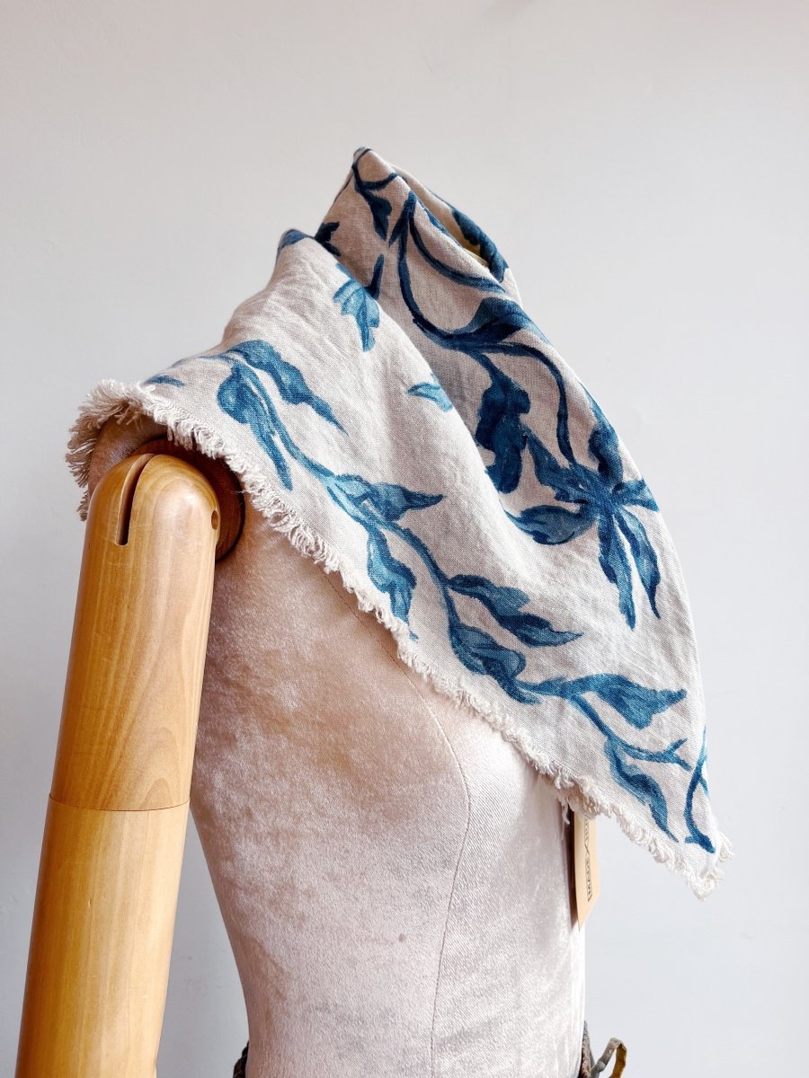Hand Painted Blue Floral Motif on Natural Linen Bandana Scarf - Made X Hudson