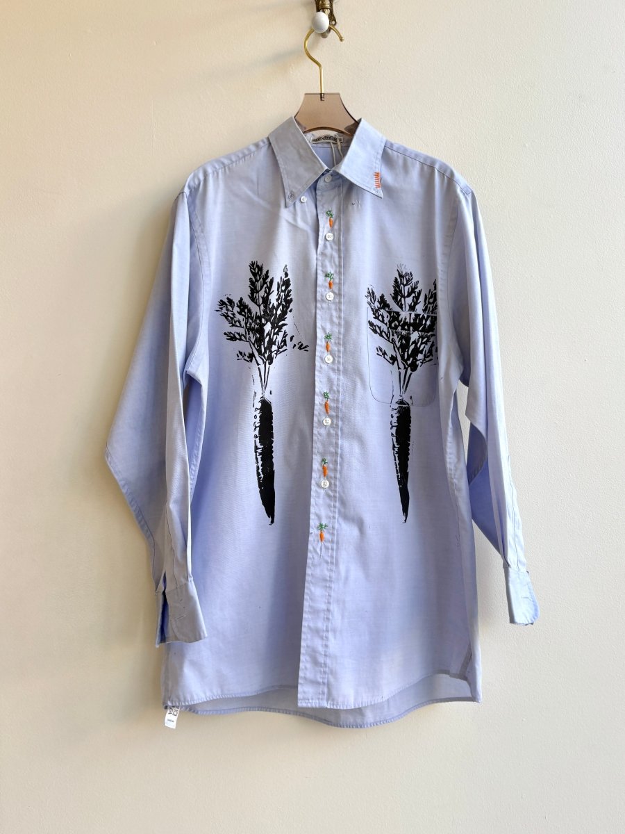 “Tatum” Pale Blue Hand Embroidered Carrot Print Shirt (Reworked) - Made X Hudson