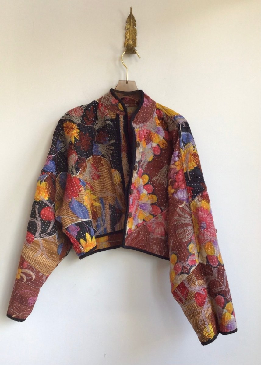 Reversible Kaira Suzani Quilted Cropped Jacket in Colors Rust, Black, Orange, Brown & Rust, Red, Purple, Orange - Made X Hudson