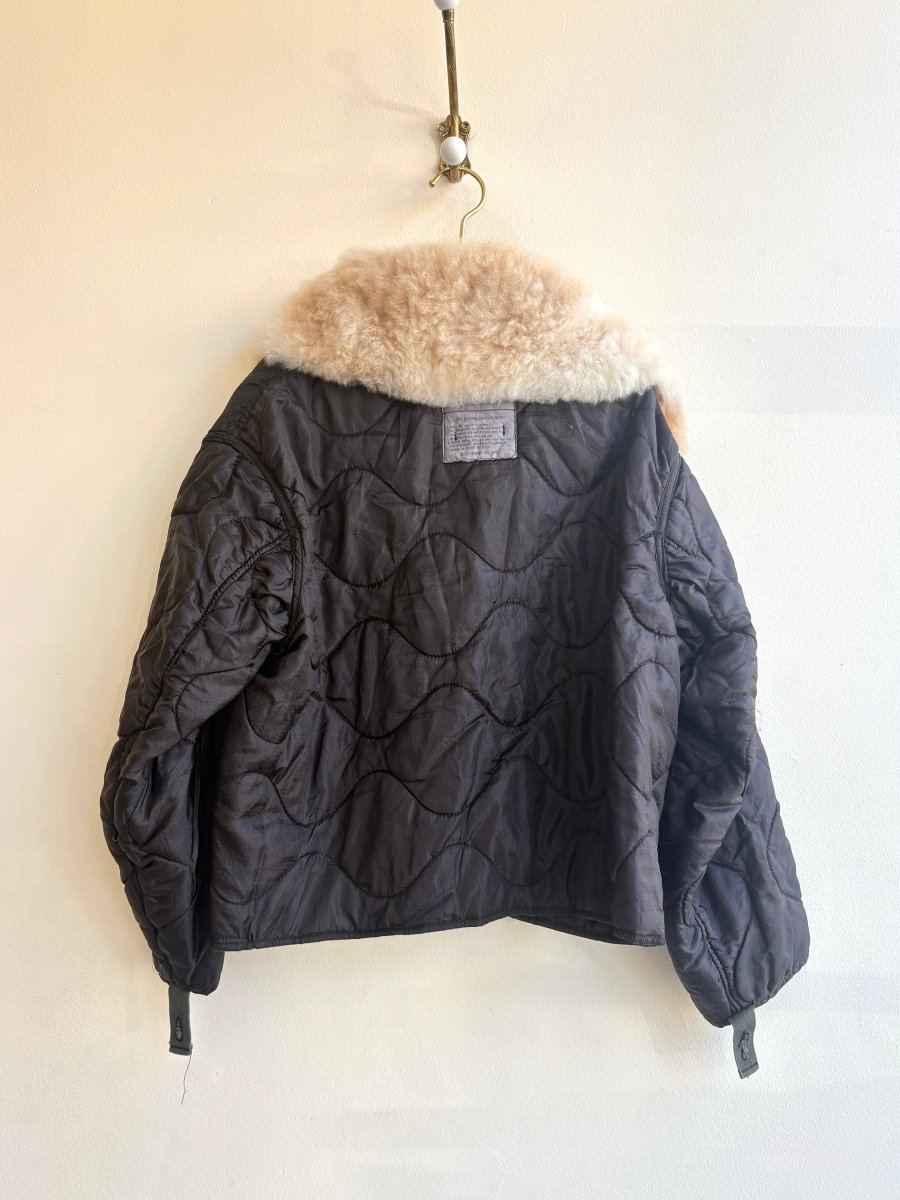 Black Army Liner Quilted Coat w/ Carmel Alpaca Fur Collar & Beige Textured Faux Leather & Silver - Tone Clasps (Reworked) - Made X Hudson