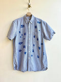 Cobalt Tiny Print Short Sleeve Button Up in Grey Blue | Block Printed (Reworked) - Made X Hudson