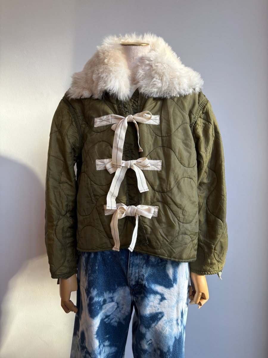 Olive Army Liner Quilted Coat w/ Cream Alpaca Fur Collar & Twill Tape Tie Closure (Reworked) - Made X Hudson