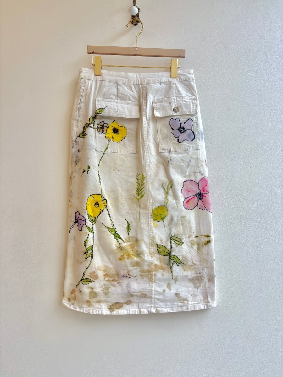 "Primrose" Eco-Printed and Hand Drawn Tan Wrap Skirt (Reworked) - Made X Hudson