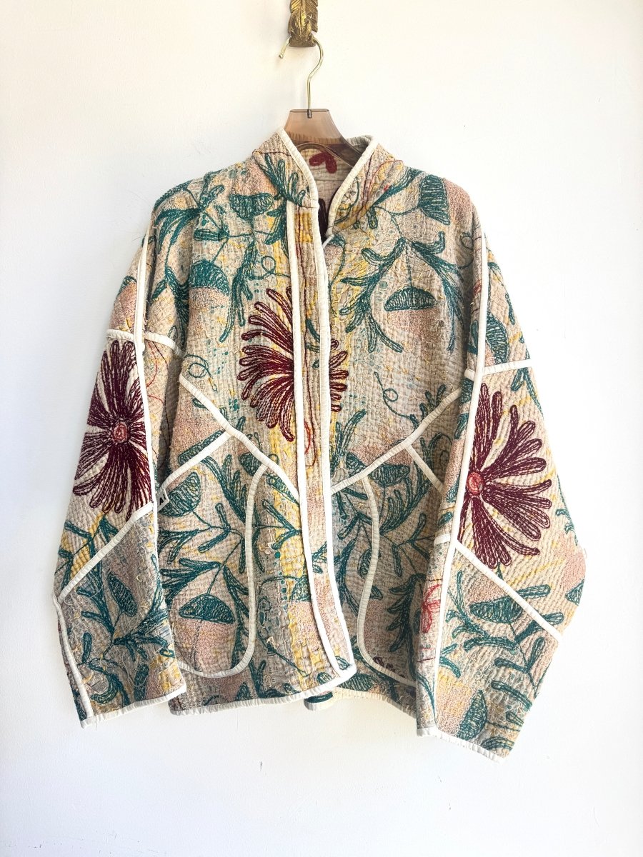 Reversible Ladhiya Suzani Quilted Jacket in Colors Linen, Dark Red, Dark Teal, Pink & Tea, Rust, Teal, Pink - Made X Hudson