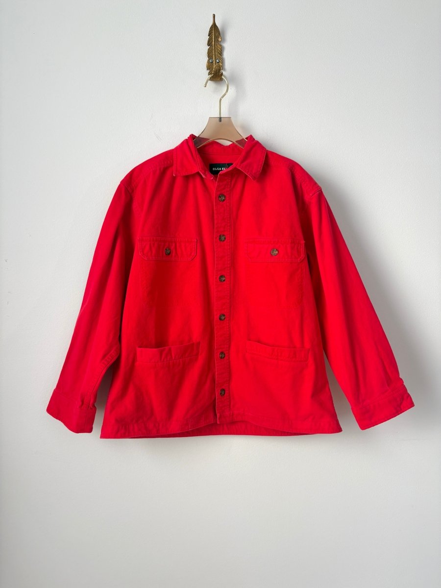 Chili Red Cotton Flannel Shirtjacket with Brown Button Closure (Reworked) - Made X Hudson