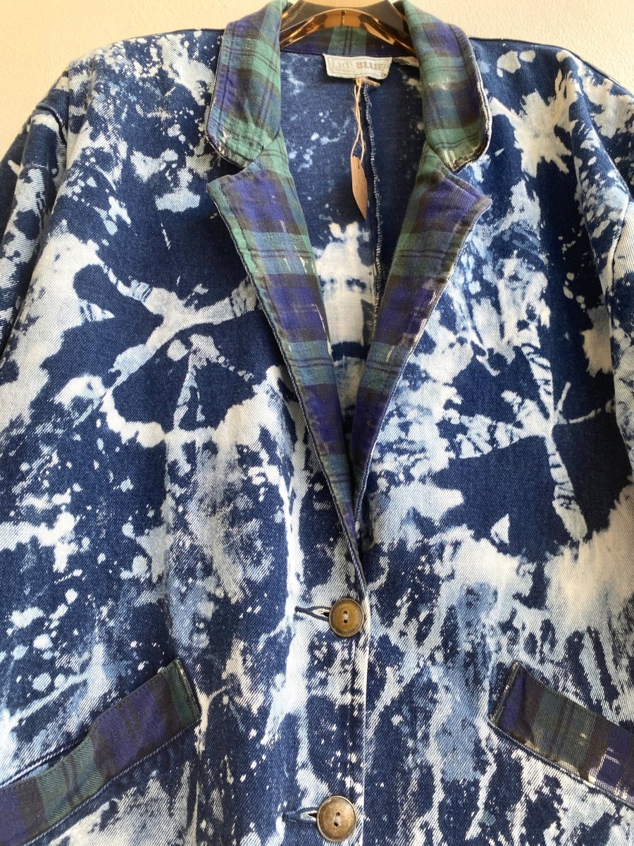 Vintage Hand Dyed Button Up Denim Trench Coat w/ Green Plaid Flannel Facings (Reworked) - Made X Hudson