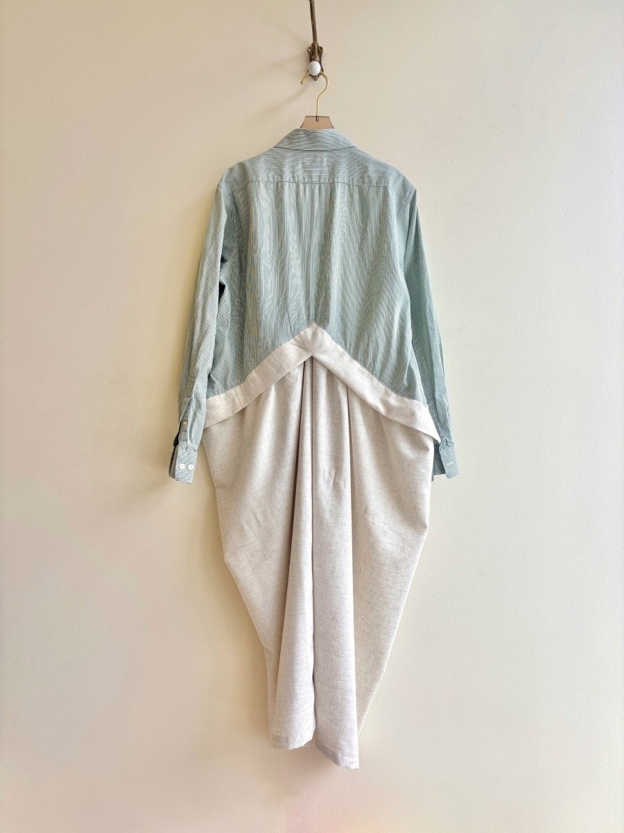 V - Line Shirtwaist Dress in Mini Lime and Forest Stripe with Natural Linen (Reworked) - Made X Hudson