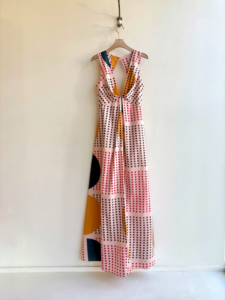 Peach, Red, Green, Mustard Dotted Sunrise Sleeveless “Origami” Dress - Made X Hudson