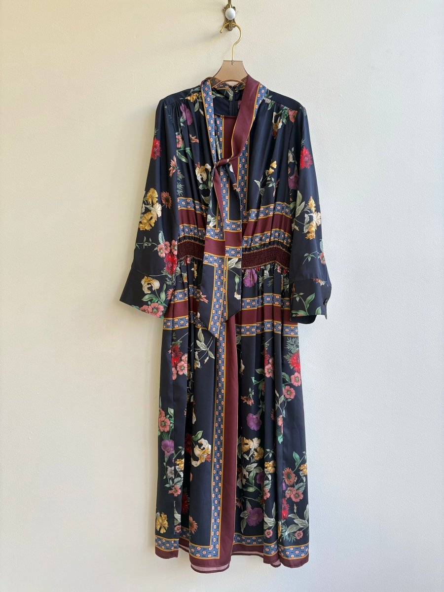 Teri Jon | Navy & Burgundy Floral Tie Neck Dress (Vintage) - Made X Hudson