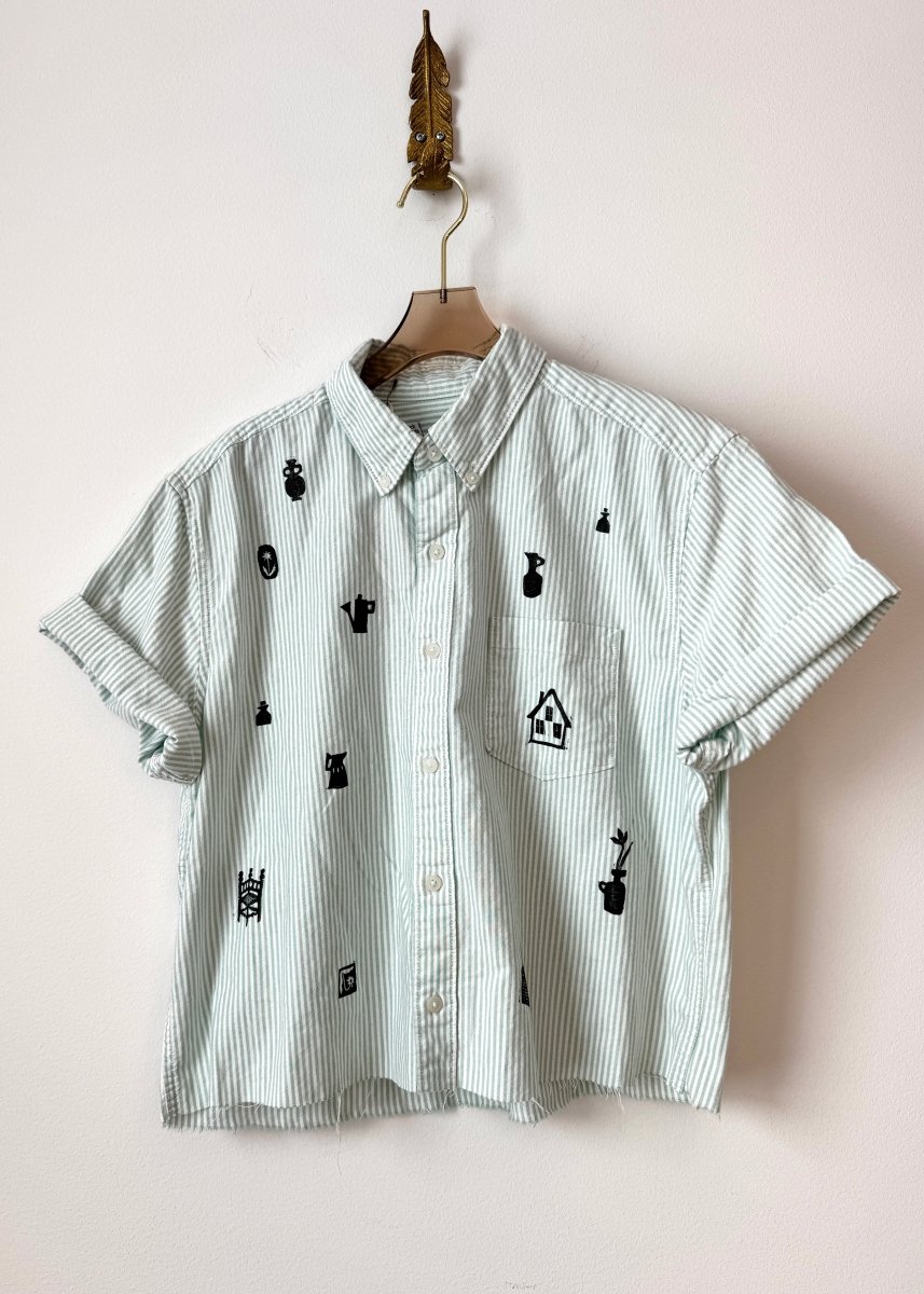 Tiny Print Crop Button Up in Mint Stripe | Block Printed (Reworked) - Made X Hudson