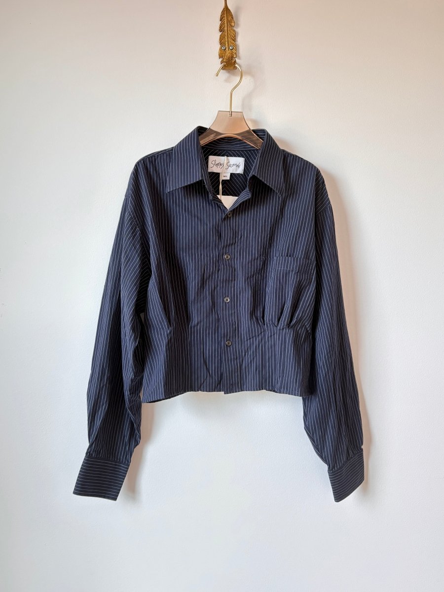 The Kevin Top | Navy w/ Pinstripes Button Down Top w/ Gathered Waist (Reworked) - Made X Hudson
