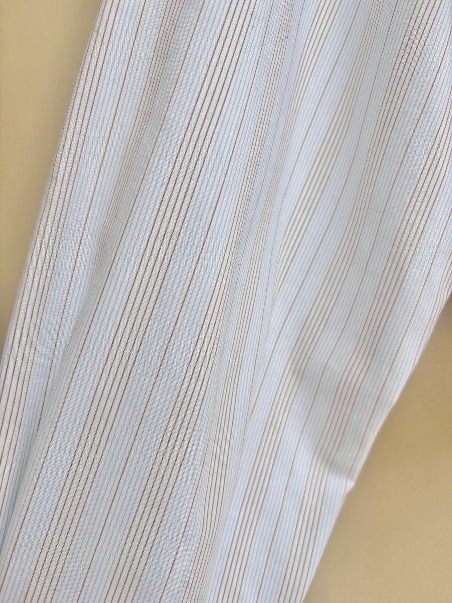 The Kevin Top | Pale Blue & Brown Mini - Stripe Button Down Top w/ Gathered Waist (Reworked) - Made X Hudson