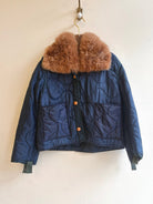 Navy Army Liner Quilted Coat w/ Rust Alpaca Fur Collar, Brown Buttons & Pockets (Reworked) - Made X Hudson