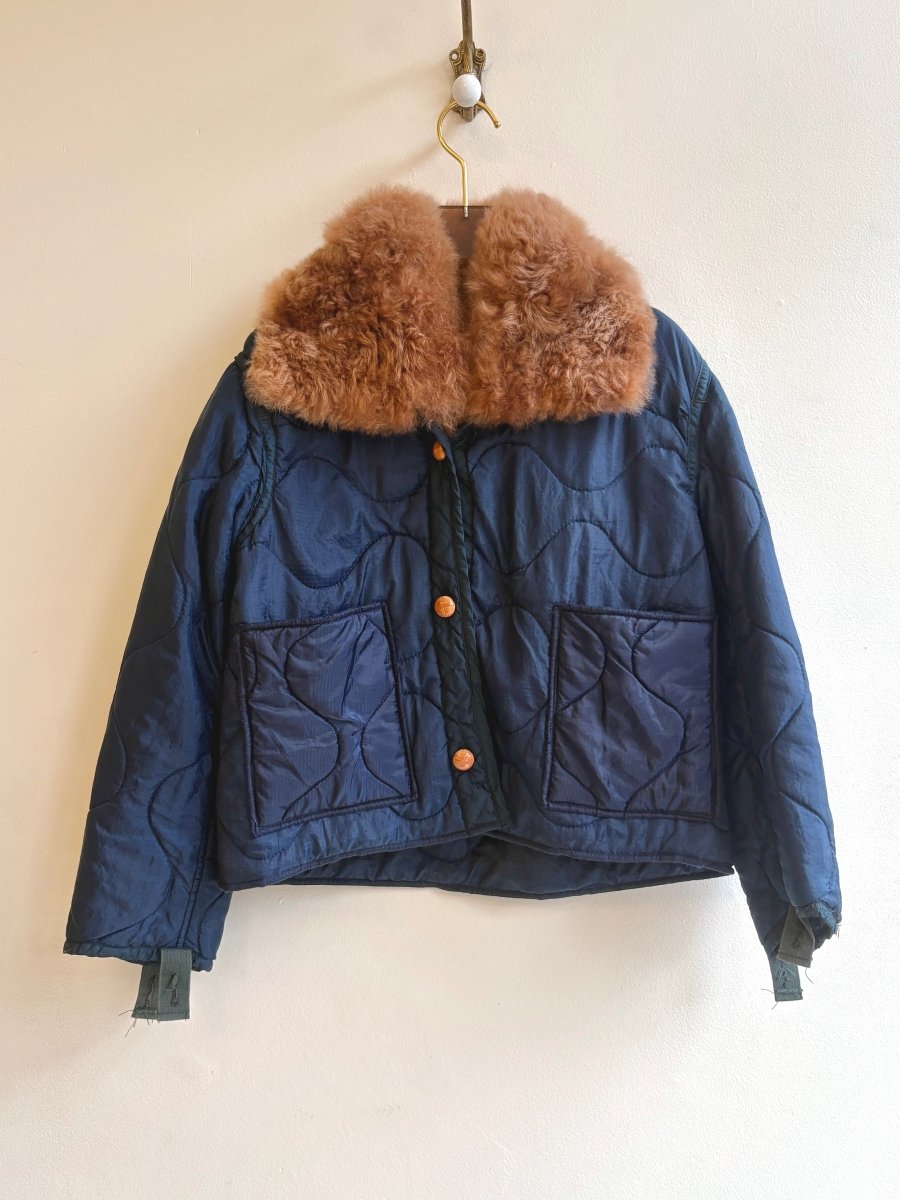 Navy Army Liner Quilted Coat w/ Rust Alpaca Fur Collar, Brown Buttons & Pockets (Reworked) - Made X Hudson