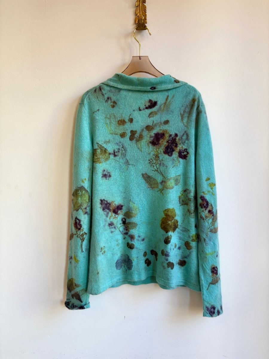 Turquoise Cashmere Eco Printed V - neck Sweater (Reworked) - Made X Hudson