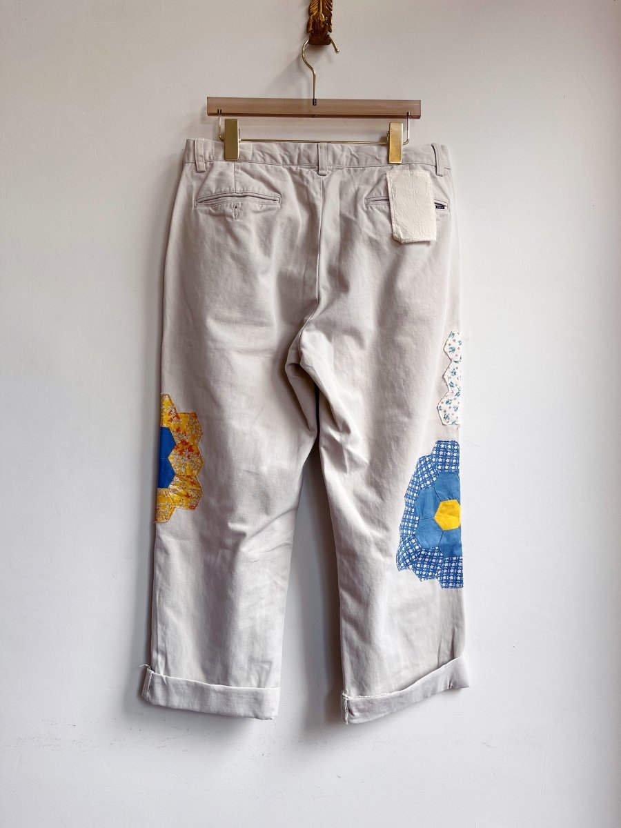 Grandmother’s Garden Quilt Block Applique Chinos w/ Blue (Reworked) - Made X Hudson