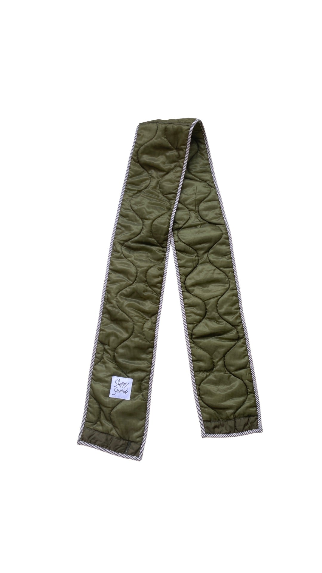 Dark Olive Green Army Liner Quilted Scarf w/ Black & White Bias Accent (Reworked)