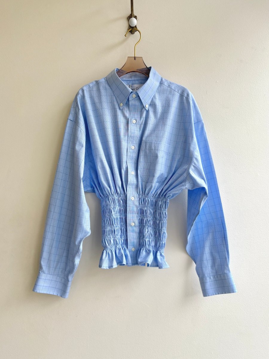 The George Top | Blue and White Plaid Button Down Top w/ Smocked Waist (Reworked) - Made X Hudson