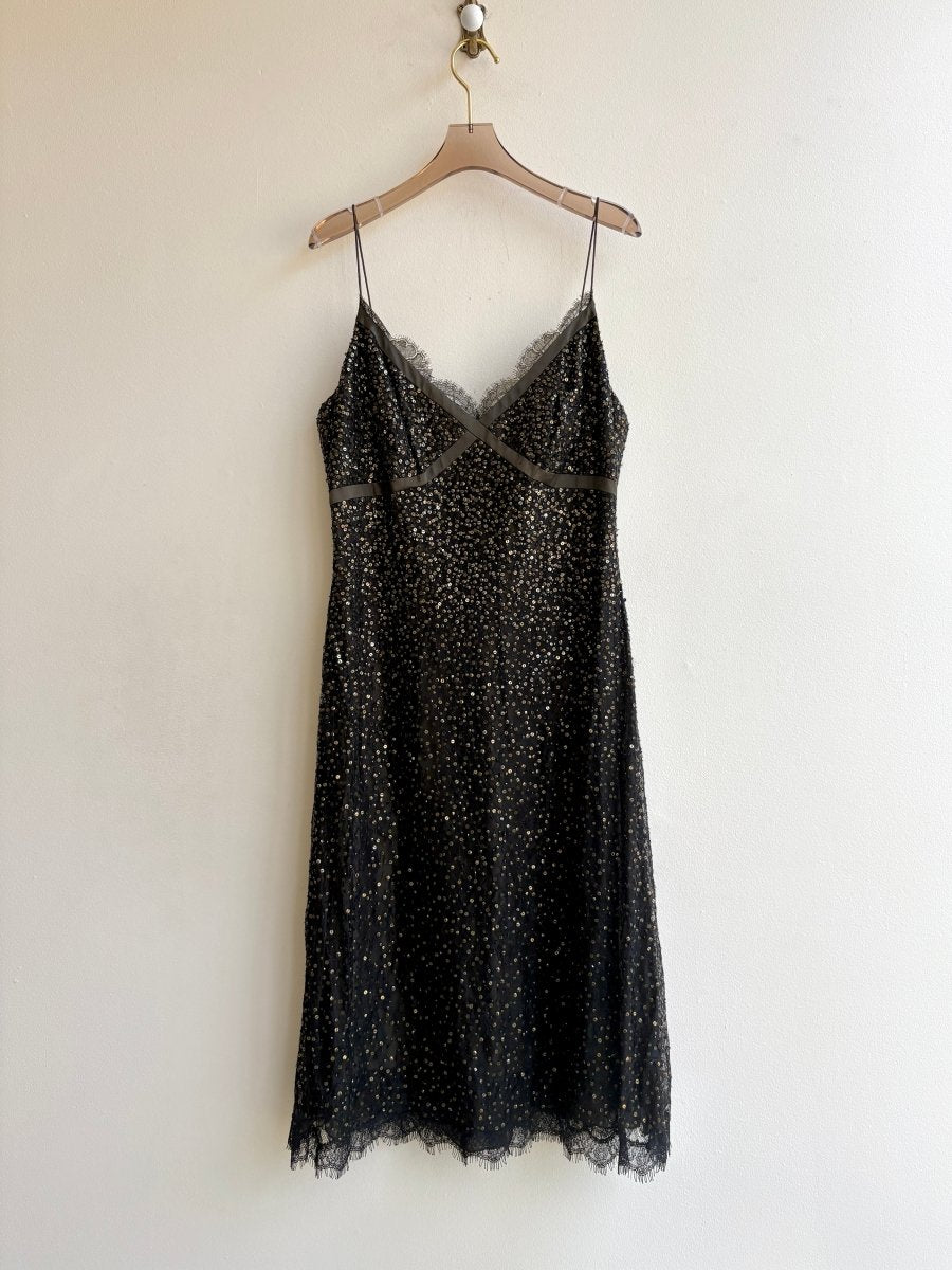 Carmen Marc Valvo - Black & Bronze Beaded Dress - Vintage - M