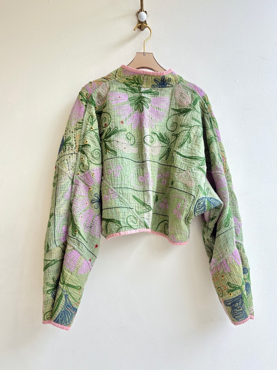 Reversible Kaira Suzani Quilted Cropped Jacket in Colors Green, Lavender, Orange & Blush, Blue, Green, Lavender - Made X Hudson