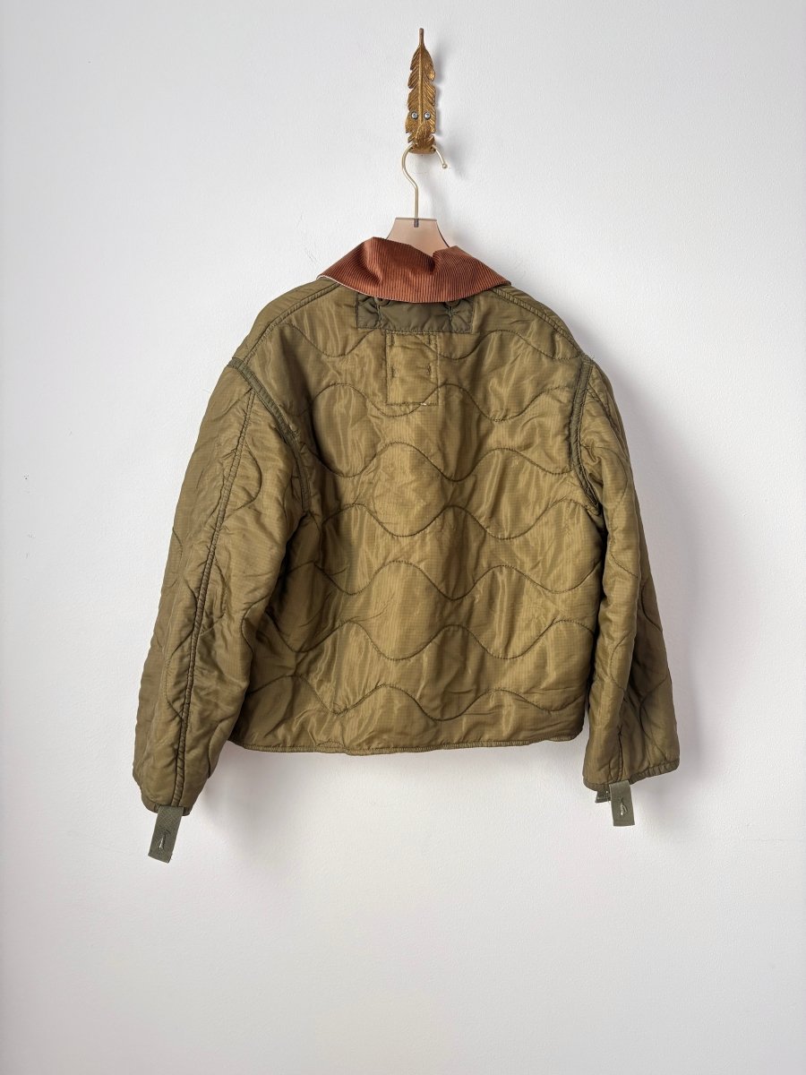 Dark Olive Green Army Liner Quilted Coat w/ Brown Corduroy Collar, Brown Buttons, & Light Olive Pockets (Reworked) - Made X Hudson