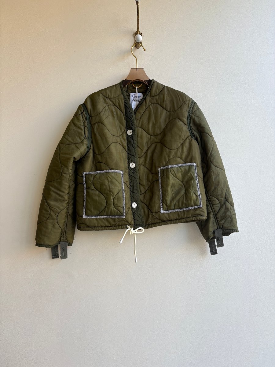 Light Olive Green Army Liner Quilted Coat w/ Dark Olive Patch Pockets & White Drawstring (Reworked) - Made X Hudson