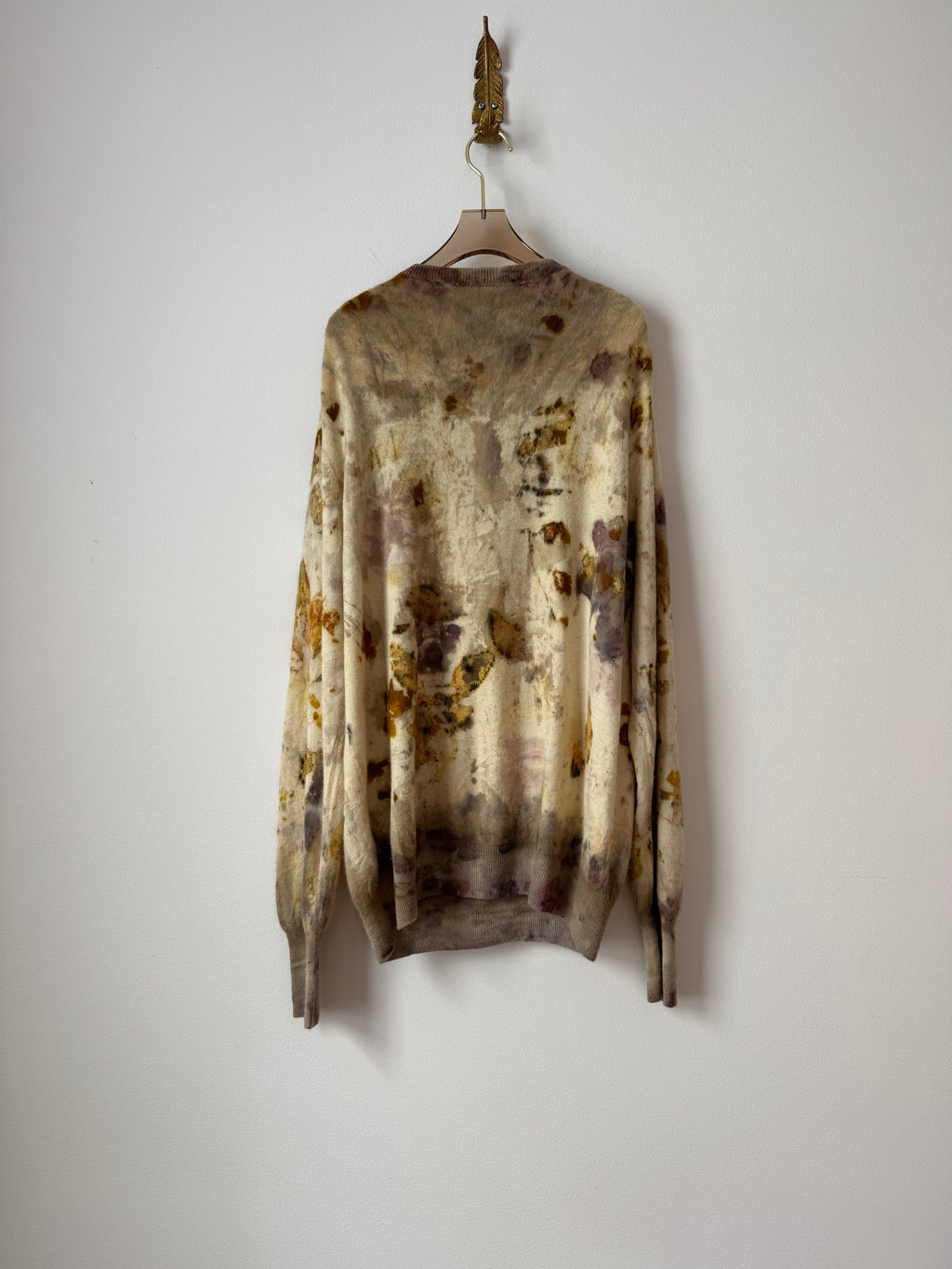 Cream & Yellow Cashmere Eco Printed V-neck Sweater (Reworked)