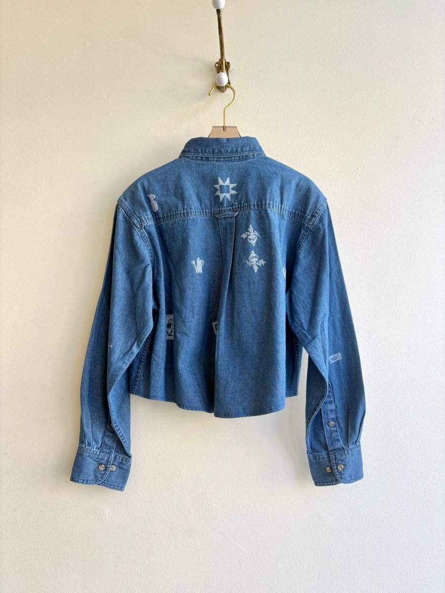 Tiny Print Cropped Button Up in Denim | Block Printed (Reworked) - Made X Hudson