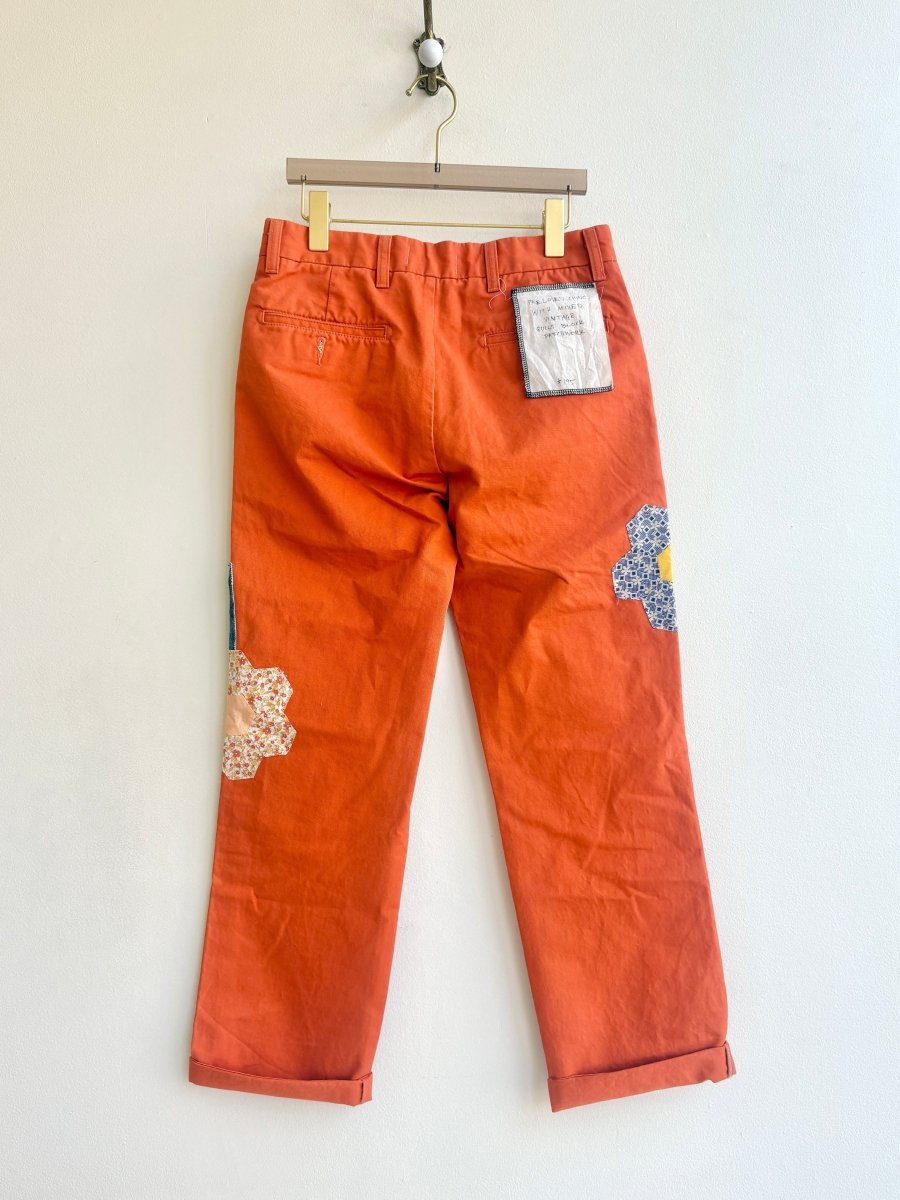 Mixed Quilt Block Applique in Orange Chino Pants | Florals, Blue, and Checker (Reworked) - Made X Hudson