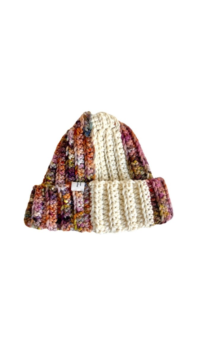 Hand Crochet Wide Cuff Beanie in Variegated Wine and Cream - Made X Hudson