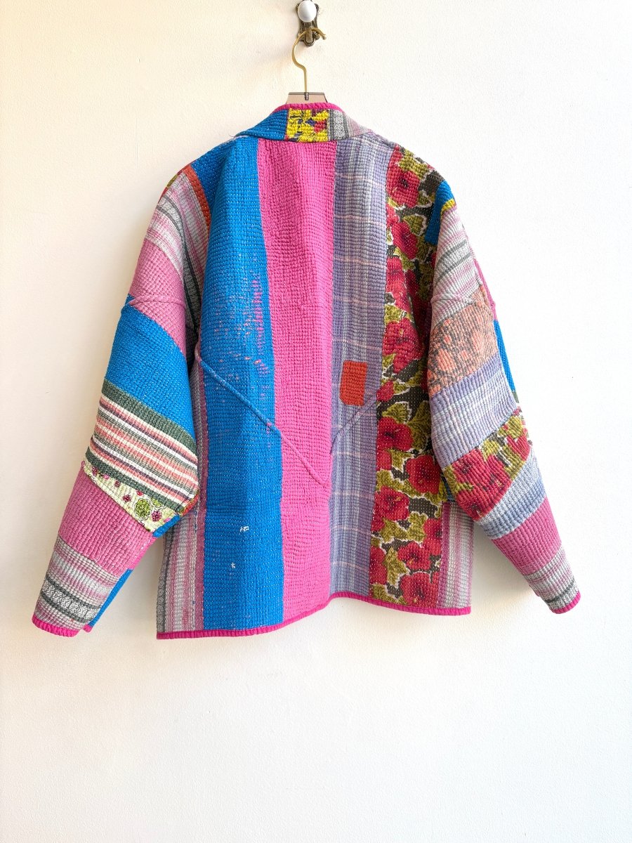 Reversible Ladhiya Quilted Jacket in Color Pink, Teal Plaid & Pink, Blue, Red Flower - Made X Hudson