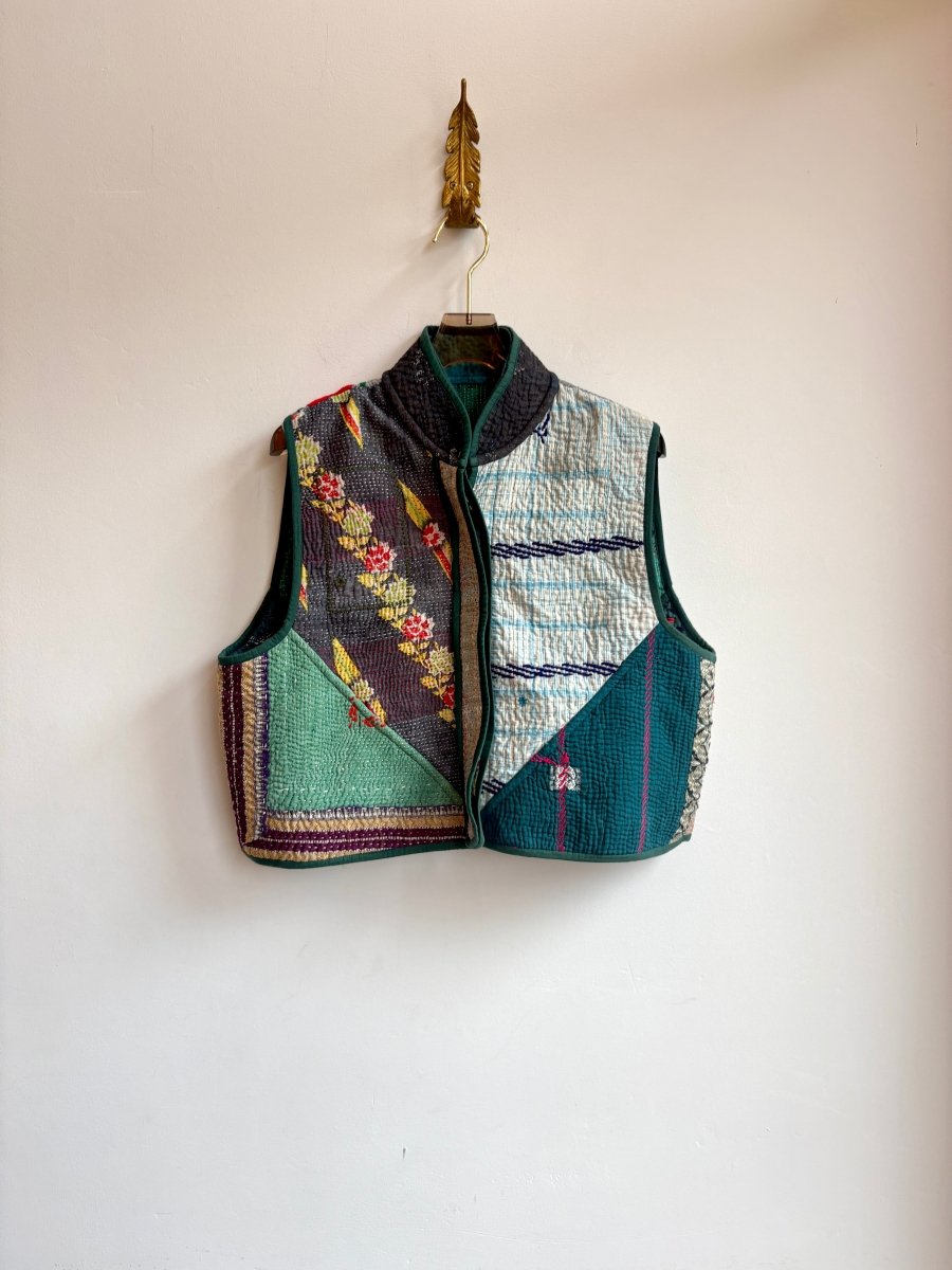 Reversible Kaira Quilted Cropped Vest in Colors Pale Blue, Teal, Navy & Pale Blue, Green, Yellow - Made X Hudson