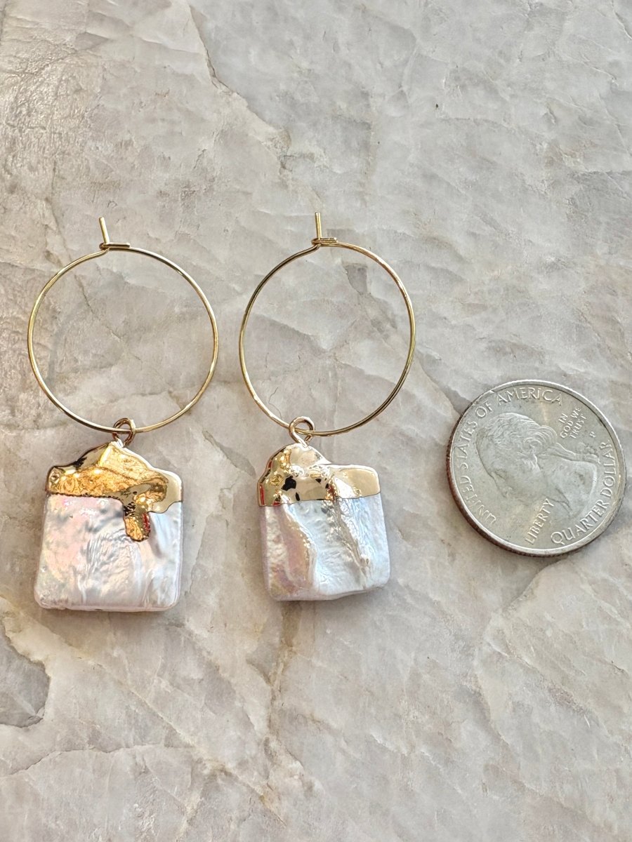 Square Baroque Dipped Pearl Dangler 18k Gold Fill Hoop Earrings - Made X Hudson