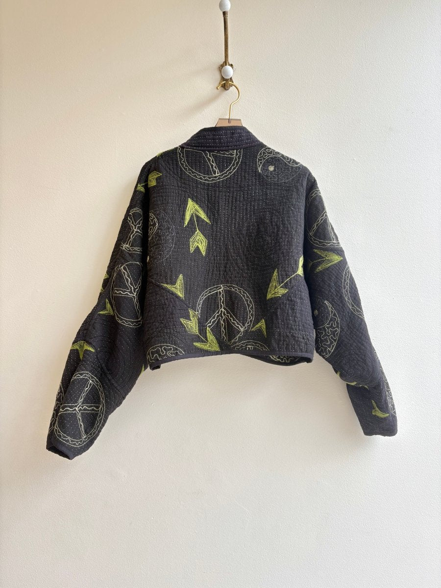 Reversible Kaira Suzani Quilted Cropped Jacket in Colors Black, Sage, Green & Black, Sage, Green - Made X Hudson