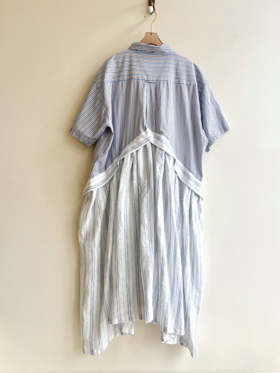 V - Line Shirtwaist Dress in White, Custard, & Baby Blue Stripe with Powder Blue & Ocher Stripe Short Sleeve (Reworked) - Made X Hudson